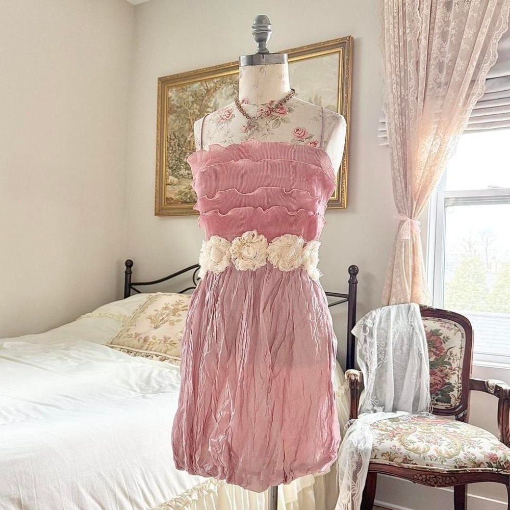 pink floral mini‎ dress  Y2K pink rosette mini dress Marquis